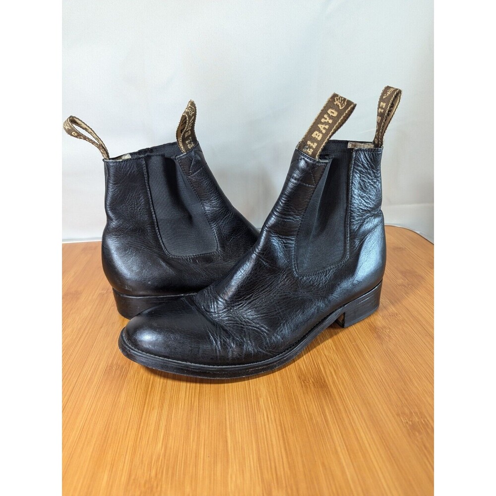 Vintage El Bayo Black Leather Mens Ankle Boots US Size 8 Pull-on Dress (Y05)